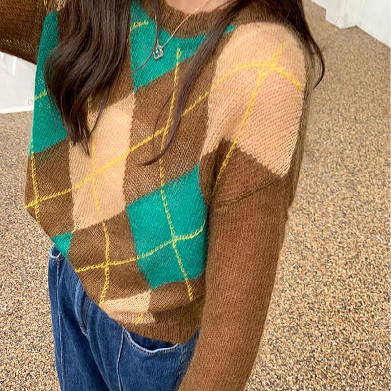 Jesen Zima Novi ženski pleteni pulover s O-izrezom i dugim rukavima Kašmir vuneni pulover s kariranim uzorkom Ležeran uski pulover