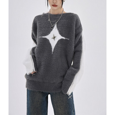 Φθινόπωρο/Χειμώνας 2022 Νέο Χρώμα Ζακάρ Αστέρια Πλεκτό πουλόβερ με φερμουάρ με στρογγυλή λαιμόκοψη Φαρδύ πουλόβερ υψηλής μόδας Γυναικεία φούτερ