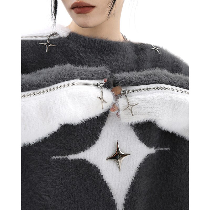 Φθινόπωρο/Χειμώνας 2022 Νέο Χρώμα Ζακάρ Αστέρια Πλεκτό πουλόβερ με φερμουάρ με στρογγυλή λαιμόκοψη Φαρδύ πουλόβερ υψηλής μόδας Γυναικεία φούτερ