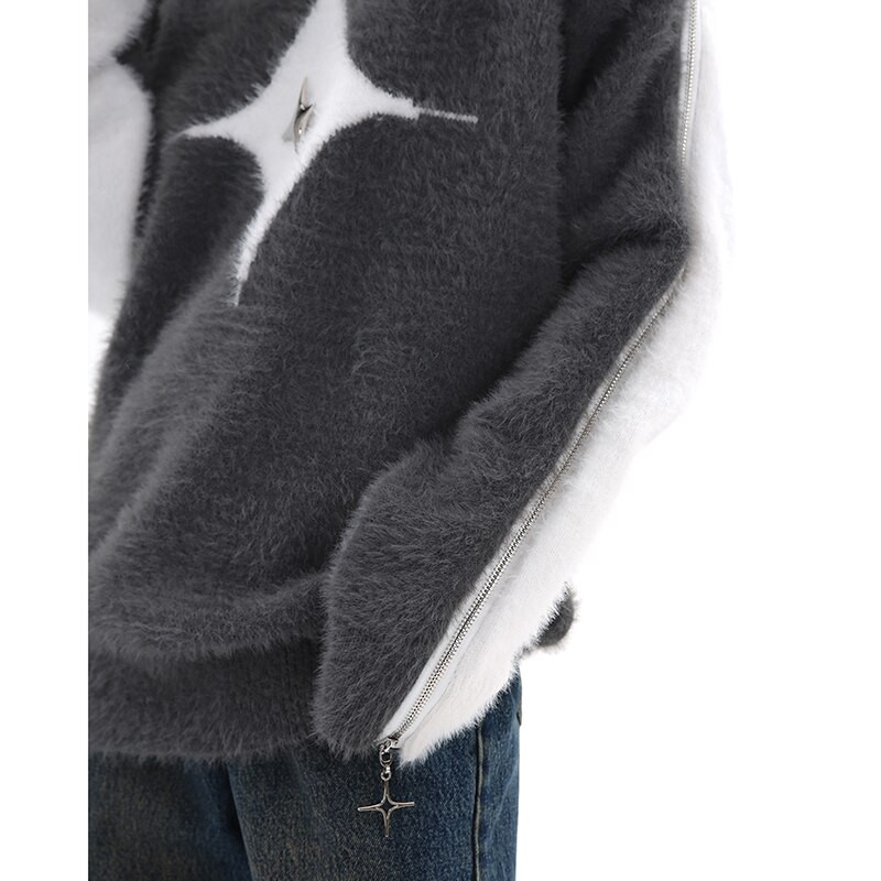 Φθινόπωρο/Χειμώνας 2022 Νέο Χρώμα Ζακάρ Αστέρια Πλεκτό πουλόβερ με φερμουάρ με στρογγυλή λαιμόκοψη Φαρδύ πουλόβερ υψηλής μόδας Γυναικεία φούτερ