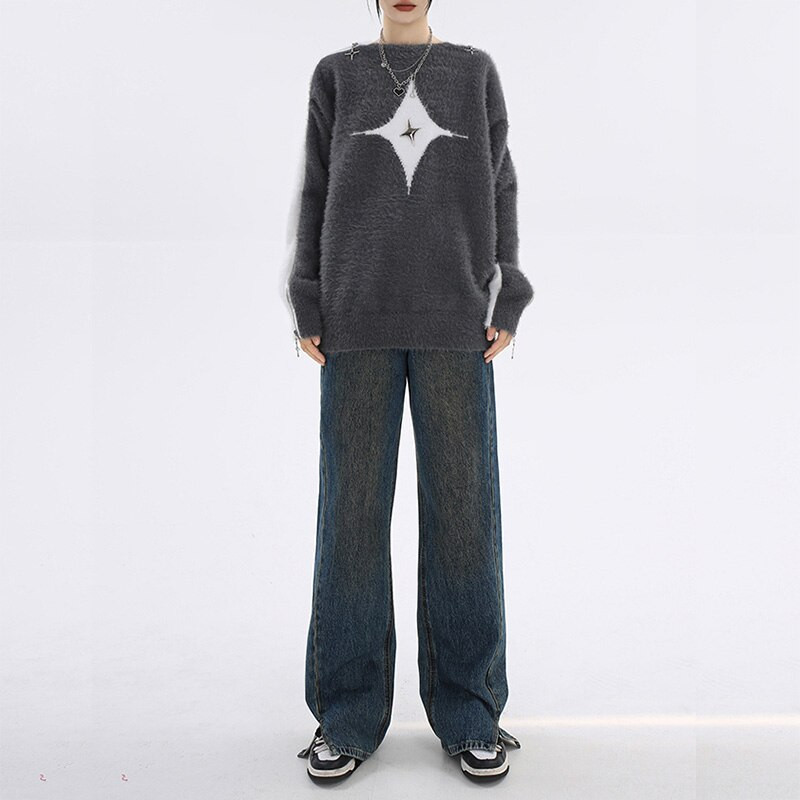 Φθινόπωρο/Χειμώνας 2022 Νέο Χρώμα Ζακάρ Αστέρια Πλεκτό πουλόβερ με φερμουάρ με στρογγυλή λαιμόκοψη Φαρδύ πουλόβερ υψηλής μόδας Γυναικεία φούτερ