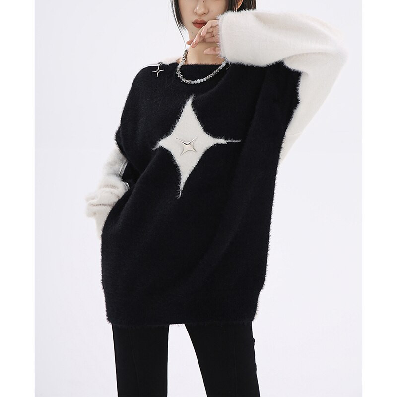 Φθινόπωρο/Χειμώνας 2022 Νέο Χρώμα Ζακάρ Αστέρια Πλεκτό πουλόβερ με φερμουάρ με στρογγυλή λαιμόκοψη Φαρδύ πουλόβερ υψηλής μόδας Γυναικεία φούτερ