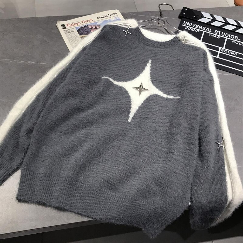 Φθινόπωρο/Χειμώνας 2022 Νέο Χρώμα Ζακάρ Αστέρια Πλεκτό πουλόβερ με φερμουάρ με στρογγυλή λαιμόκοψη Φαρδύ πουλόβερ υψηλής μόδας Γυναικεία φούτερ