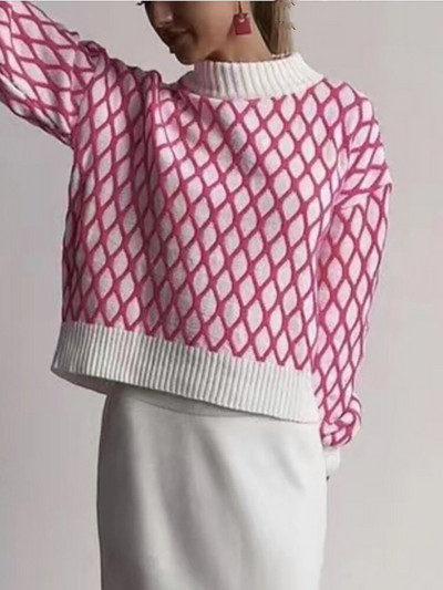 Sieviešu trikotāžas džemperis Argyle džemperis, sieviešu džemperis ar garām piedurknēm, sieviešu tops rudens ziemas trikotāžas apģērbam.