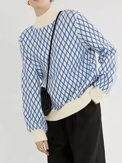 Sieviešu trikotāžas džemperis Argyle džemperis, sieviešu džemperis ar garām piedurknēm, sieviešu tops rudens ziemas trikotāžas apģērbam.