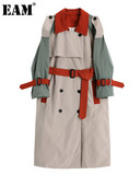 [EAM] Ženska modna vjetrovka s remenom velike veličine s reverom i dugim rukavima, široka moda proljeće jesen 2022. 1DF0437