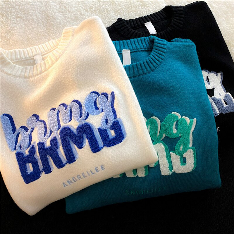 Νέο πουλόβερ εκτύπωσης γραμμάτων Γυναικείο πουλόβερ μεγάλου μεγέθους Χαλαρό πλεκτό πουλόβερ Λευκό Casual Couple O λαιμός Casual Y2K πουλόβερ