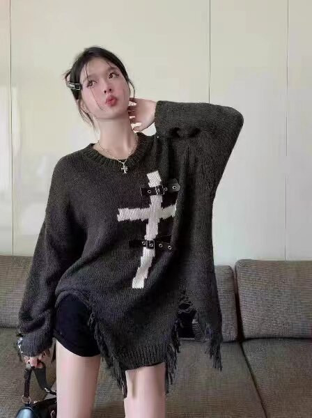 YL Harajuku Gothic Punk Πλεκτά Πουλόβερ Γυναικεία Χειμερινή Vintage Μόδα Y2k Μπλούζες Hole Casual Κορεάτικα υπερμεγέθη πουλόβερ 2022 Νέο