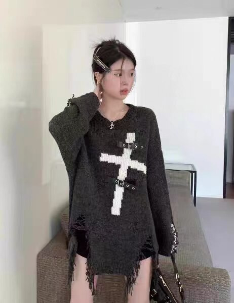 YL Harajuku Gothic Punk Πλεκτά Πουλόβερ Γυναικεία Χειμερινή Vintage Μόδα Y2k Μπλούζες Hole Casual Κορεάτικα υπερμεγέθη πουλόβερ 2022 Νέο