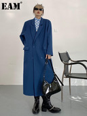 [EAM] Γυναικεία Μπλε Μεγάλο Μέγεθος Μακρύ Casual Trench Νέο πέτο μακρυμάνικο Loose Fit Windbreaker Fashion Tide Άνοιξη Φθινόπωρο 2022 1DF0107
