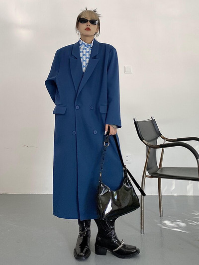 [EAM] Γυναικεία Μπλε Μεγάλο Μέγεθος Μακρύ Casual Trench Νέο πέτο μακρυμάνικο Loose Fit Windbreaker Fashion Tide Άνοιξη Φθινόπωρο 2022 1DF0107