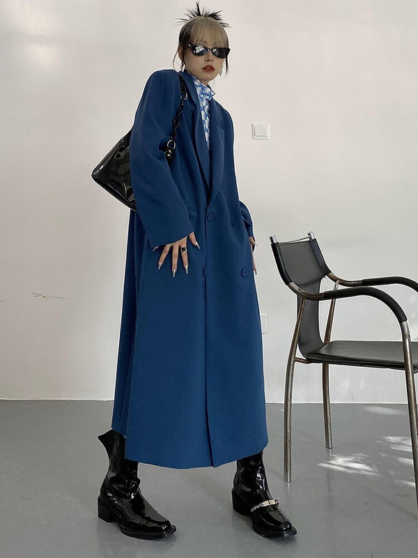 [EAM] Γυναικεία Μπλε Μεγάλο Μέγεθος Μακρύ Casual Trench Νέο πέτο μακρυμάνικο Loose Fit Windbreaker Fashion Tide Άνοιξη Φθινόπωρο 2022 1DF0107