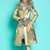 2019. gada pavasara rudens modes korejiešu sieviešu mētelis ar ziedu rotājumu, zeltains, garais mētelis ar augstu jostasvietu, kroku 5xl.