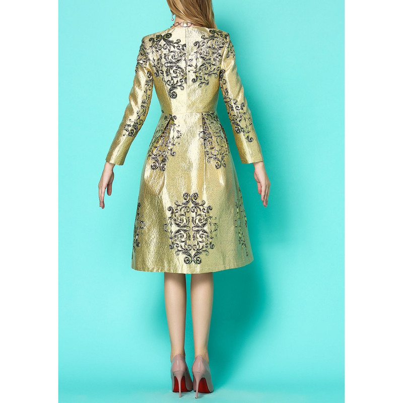 2019. gada pavasara rudens modes korejiešu sieviešu mētelis ar ziedu rotājumu, zeltains, garais mētelis ar augstu jostasvietu, kroku 5xl.