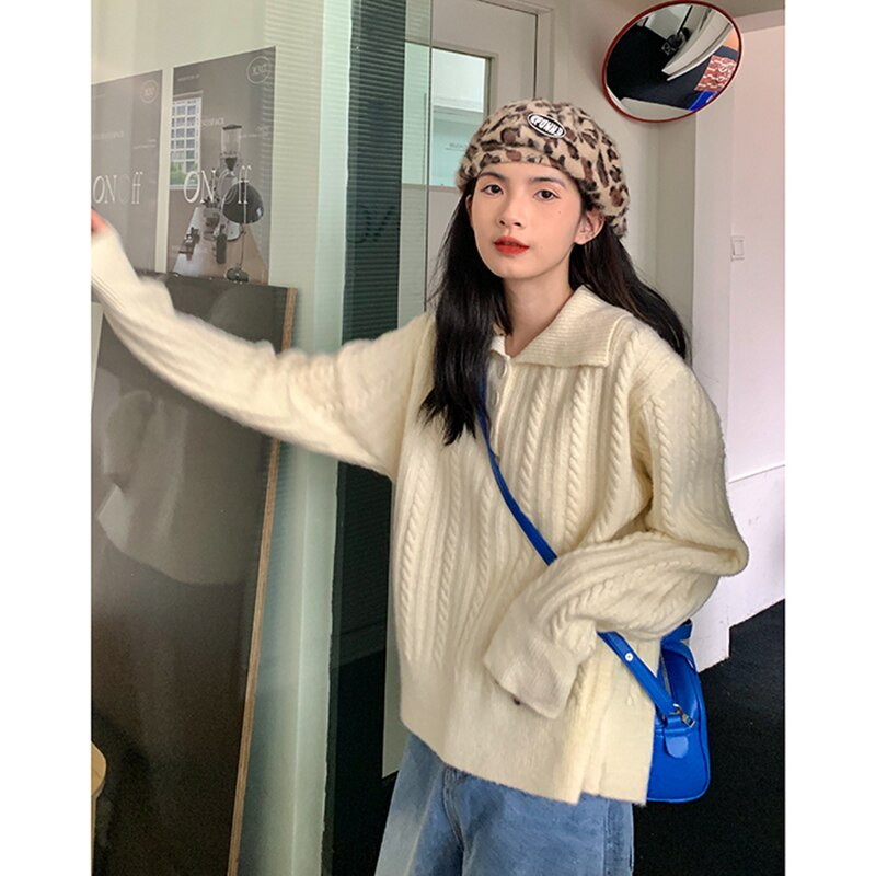 Sieviešu vintage pulovers Adīšana Džemperis ar garām piedurknēm Ikdienišķa Mode Vienkāršība Polo apkakle aprikoze Baggy Sieviešu Topi Rudens