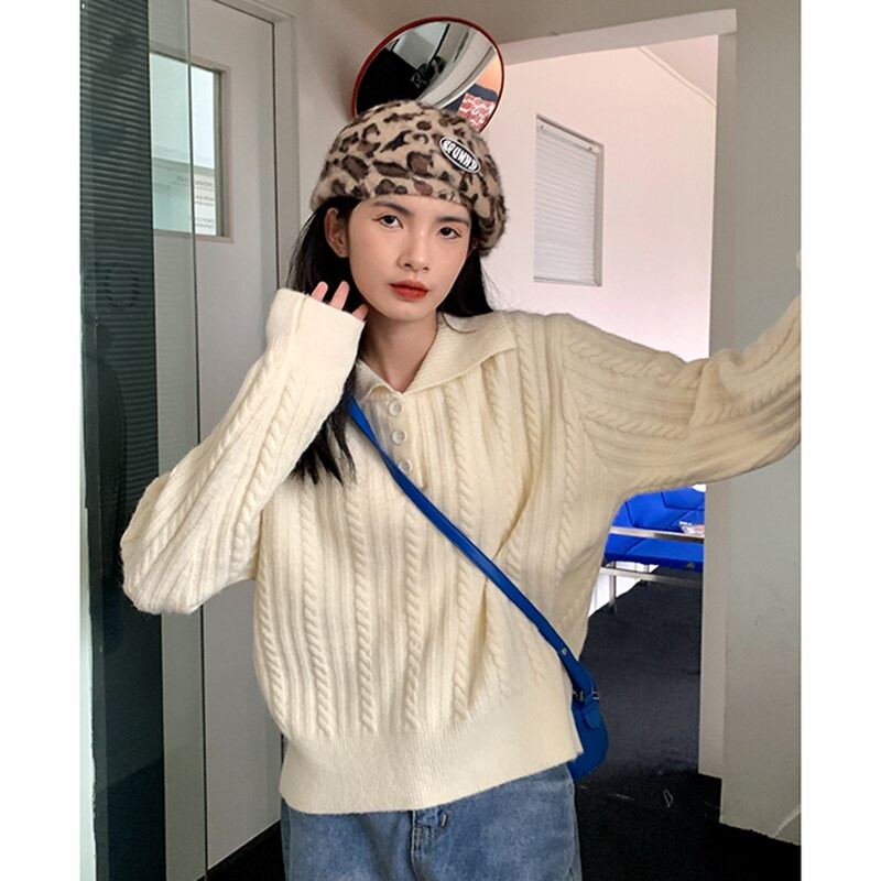 Sieviešu vintage pulovers Adīšana Džemperis ar garām piedurknēm Ikdienišķa Mode Vienkāršība Polo apkakle aprikoze Baggy Sieviešu Topi Rudens