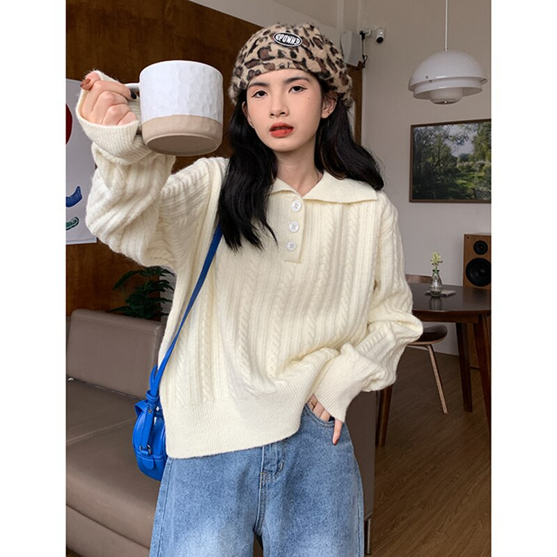 Sieviešu vintage pulovers Adīšana Džemperis ar garām piedurknēm Ikdienišķa Mode Vienkāršība Polo apkakle aprikoze Baggy Sieviešu Topi Rudens