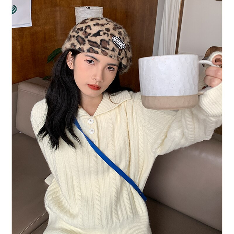 Sieviešu vintage pulovers Adīšana Džemperis ar garām piedurknēm Ikdienišķa Mode Vienkāršība Polo apkakle aprikoze Baggy Sieviešu Topi Rudens