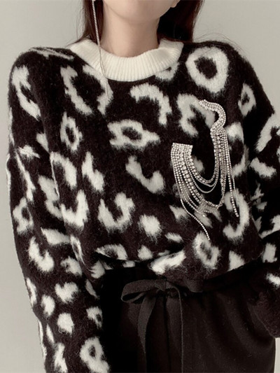 Vintage πουλόβερ Γυναικεία λεοπάρ πουλόβερ Γυναικεία υπερμεγέθη μόδα Χειμερινό πουλόβερ Γυναικείο μακρυμάνικο πλεκτό Top Y2k Pull Femme