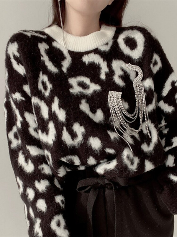 Vintage πουλόβερ Γυναικεία λεοπάρ πουλόβερ Γυναικεία υπερμεγέθη μόδα Χειμερινό πουλόβερ Γυναικείο μακρυμάνικο πλεκτό Top Y2k Pull Femme