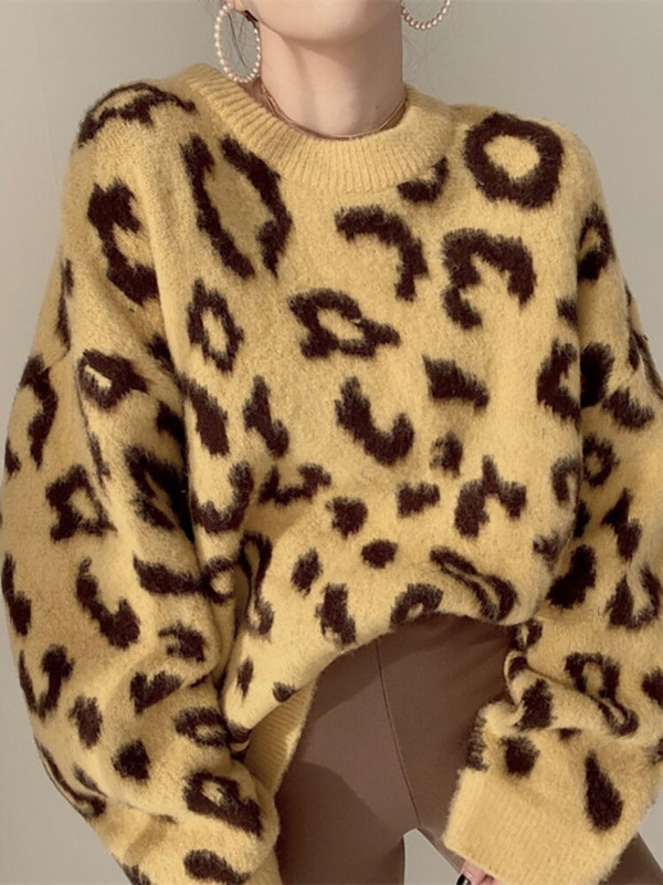 Vintage πουλόβερ Γυναικεία λεοπάρ πουλόβερ Γυναικεία υπερμεγέθη μόδα Χειμερινό πουλόβερ Γυναικείο μακρυμάνικο πλεκτό Top Y2k Pull Femme