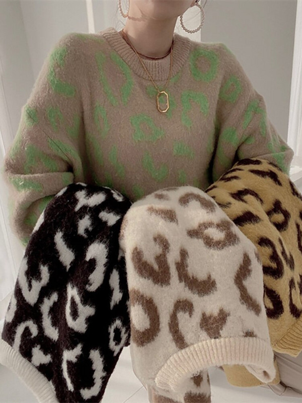 Vintage πουλόβερ Γυναικεία λεοπάρ πουλόβερ Γυναικεία υπερμεγέθη μόδα Χειμερινό πουλόβερ Γυναικείο μακρυμάνικο πλεκτό Top Y2k Pull Femme