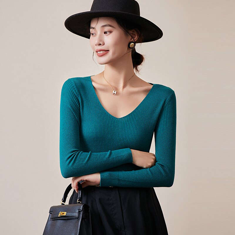 Γυναικείο 25% μετάξι 75% μάλλινο πουλόβερ V λαιμόκοψη Καθημερινό μακρυμάνικο πουλόβερ πουκάμισο μονόχρωμο εσώρουχο Ζεστό χειμώνα TA013