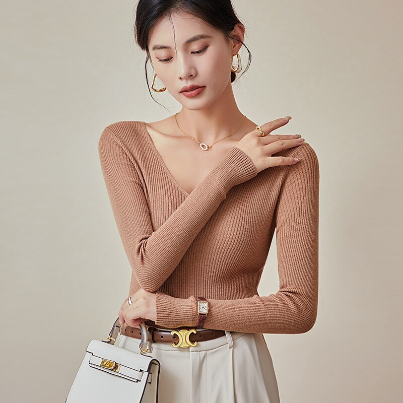 Γυναικείο 25% μετάξι 75% μάλλινο πουλόβερ V λαιμόκοψη Καθημερινό μακρυμάνικο πουλόβερ πουκάμισο μονόχρωμο εσώρουχο Ζεστό χειμώνα TA013