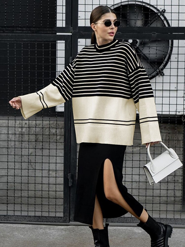 Prugasti pleteni pulover Ženski pulover dugih rukava Ležerni široki debeli džemperi s O izrezom 2022. Nova modna zimska majica dugih rukava