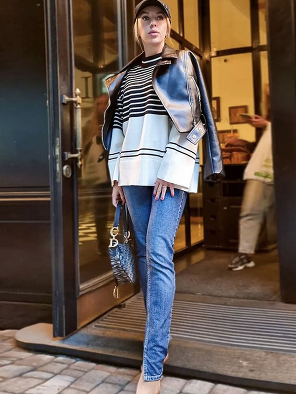 Prugasti pleteni pulover Ženski pulover dugih rukava Ležerni široki debeli džemperi s O izrezom 2022. Nova modna zimska majica dugih rukava