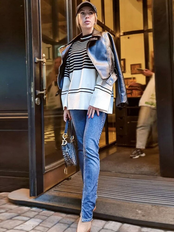 Prugasti pleteni pulover Ženski pulover dugih rukava Ležerni široki debeli džemperi s O izrezom 2022. Nova modna zimska majica dugih rukava