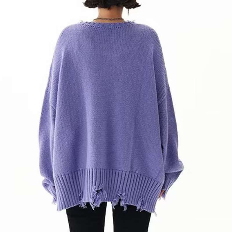 Poderani pulover Ženski crni vintage Ins široki pleteni ženski puloveri Ženska korejska dukserica s O-izrezom Vintage zimska gornja odjeća