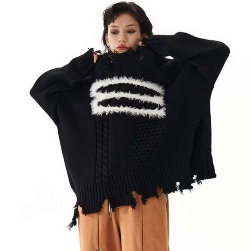 Poderani pulover Ženski crni vintage Ins široki pleteni ženski puloveri Ženska korejska dukserica s O-izrezom Vintage zimska gornja odjeća