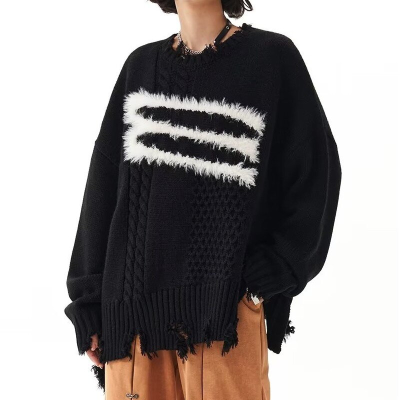 Poderani pulover Ženski crni vintage Ins široki pleteni ženski puloveri Ženska korejska dukserica s O-izrezom Vintage zimska gornja odjeća