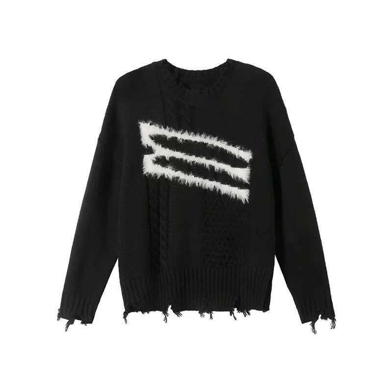 Poderani pulover Ženski crni vintage Ins široki pleteni ženski puloveri Ženska korejska dukserica s O-izrezom Vintage zimska gornja odjeća