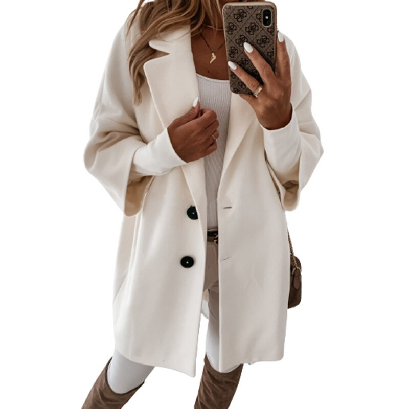 2020 m. rudens trijų ketvirčių rankovėmis, dviem sagomis, atvartu, kišeninis vilnonis paltas, moteriškas vidutinio ilgio baltas juodas žieminis pliušinis šiltas paltas