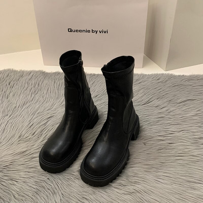 Platforma Sieviešu puszābaki Modes Kvadrātveida purngals Atpakaļ Rāvējslēdzējs Sieviešu plakanie papēži Īsi Zābaki Augstas kvalitātes rudens sieviešu zābaki Kurpes