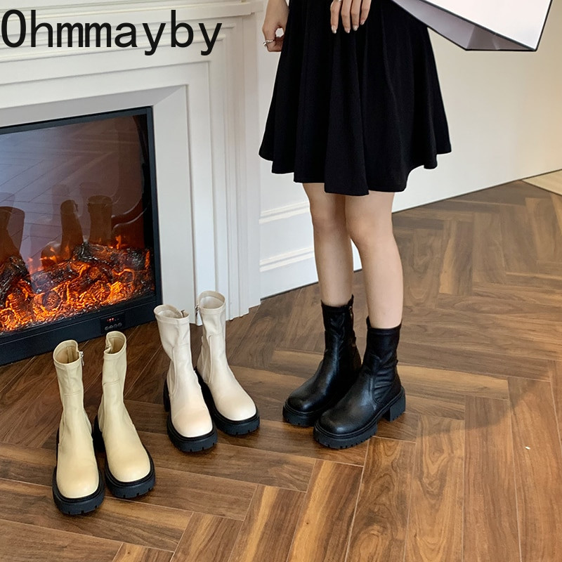 Platforma Sieviešu puszābaki Modes Kvadrātveida purngals Atpakaļ Rāvējslēdzējs Sieviešu plakanie papēži Īsi Zābaki Augstas kvalitātes rudens sieviešu zābaki Kurpes