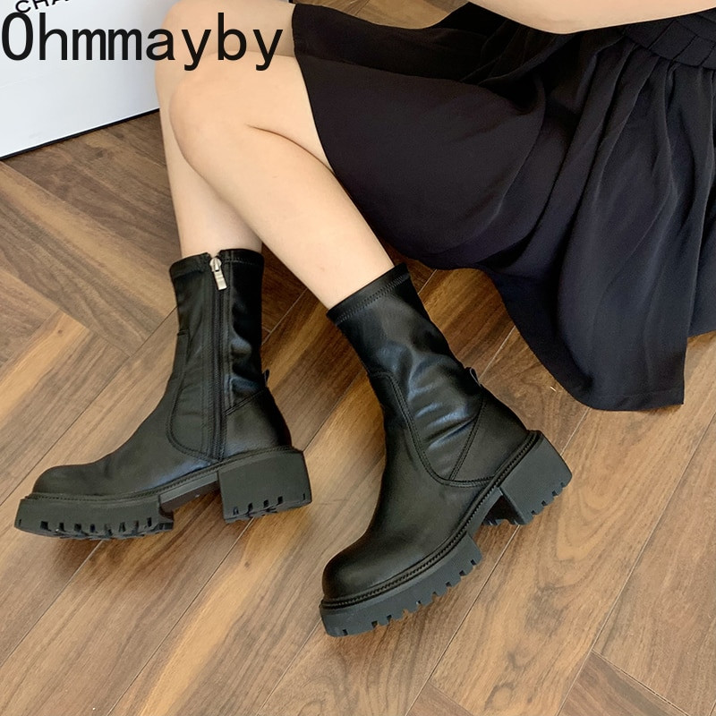 Platforma Sieviešu puszābaki Modes Kvadrātveida purngals Atpakaļ Rāvējslēdzējs Sieviešu plakanie papēži Īsi Zābaki Augstas kvalitātes rudens sieviešu zābaki Kurpes