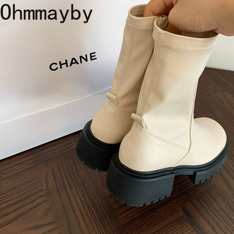 Platforma Sieviešu puszābaki Modes Kvadrātveida purngals Atpakaļ Rāvējslēdzējs Sieviešu plakanie papēži Īsi Zābaki Augstas kvalitātes rudens sieviešu zābaki Kurpes