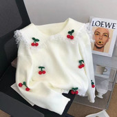 Πουλόβερ με γιακά κούκλας Φθινοπωρινό και Χειμώνα Χαλαρό μαλακό κέρινο πλεκτό πουλόβερ Γυναικείο ρετρό κέντημα με άγριο κεράσι μακρυμάνικο πουλόβερ