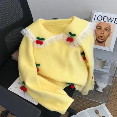 Πουλόβερ με γιακά κούκλας Φθινοπωρινό και Χειμώνα Χαλαρό μαλακό κέρινο πλεκτό πουλόβερ Γυναικείο ρετρό κέντημα με άγριο κεράσι μακρυμάνικο πουλόβερ