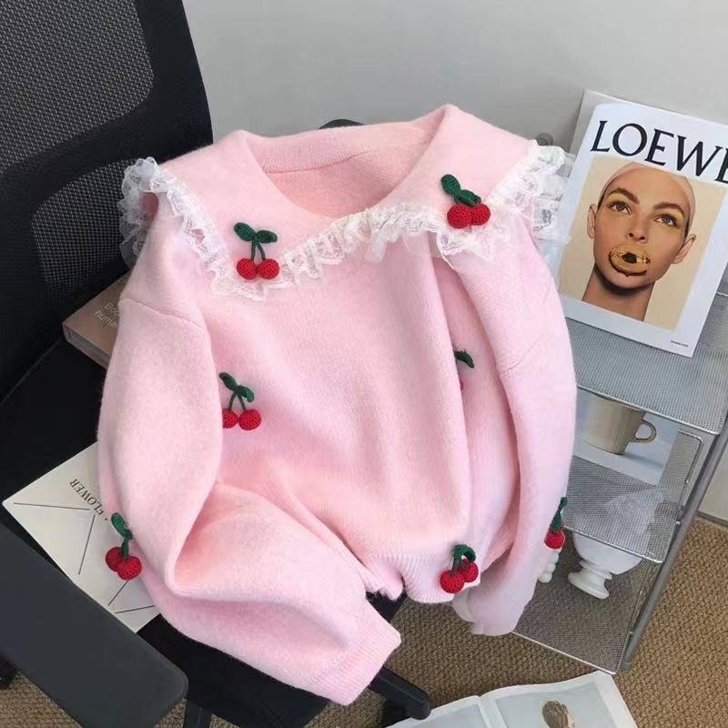 Πουλόβερ με γιακά κούκλας Φθινοπωρινό και Χειμώνα Χαλαρό μαλακό κέρινο πλεκτό πουλόβερ Γυναικείο ρετρό κέντημα με άγριο κεράσι μακρυμάνικο πουλόβερ