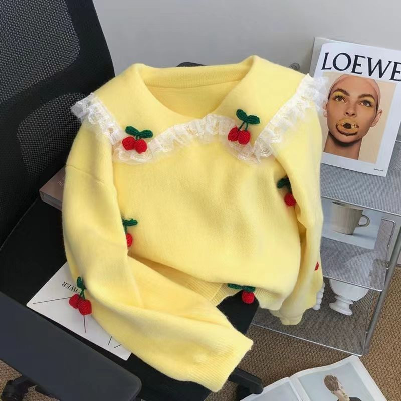 Πουλόβερ με γιακά κούκλας Φθινοπωρινό και Χειμώνα Χαλαρό μαλακό κέρινο πλεκτό πουλόβερ Γυναικείο ρετρό κέντημα με άγριο κεράσι μακρυμάνικο πουλόβερ