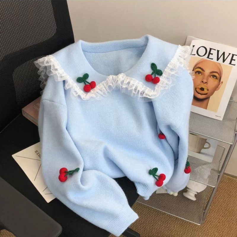 Πουλόβερ με γιακά κούκλας Φθινοπωρινό και Χειμώνα Χαλαρό μαλακό κέρινο πλεκτό πουλόβερ Γυναικείο ρετρό κέντημα με άγριο κεράσι μακρυμάνικο πουλόβερ