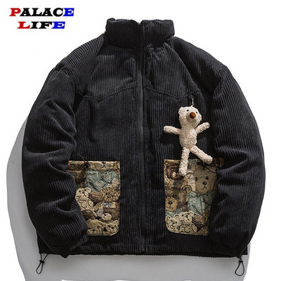 Ιαπωνικό Streetwear Ανδρικό παλτό με τζάκετ Parkas Teddy Patchwork Velvet Jacket Coat Harajuku Cotton 2022 Oversize Winter Outerwear