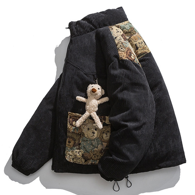 Ιαπωνικό Streetwear Ανδρικό παλτό με τζάκετ Parkas Teddy Patchwork Velvet Jacket Coat Harajuku Cotton 2022 Oversize Winter Outerwear