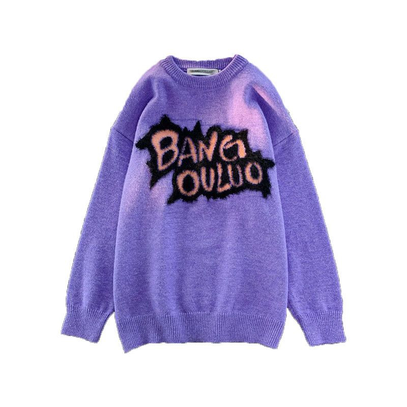 Antikni mekani ljepljivi ljubičasti džemper Ženski zimski široki vez na slovima, podebljani pleteni puloveri za par u stilu Hong Konga