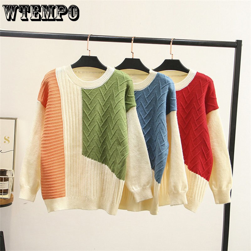 Κορεάτικο πουλόβερ με στρογγυλή λαιμόκοψη Πουλόβερ Χρώμα Αντίθεση Ευέλικτο λεπτό πουλόβερ Γυναικεία φθινόπωρο και χειμώνα χονδρική