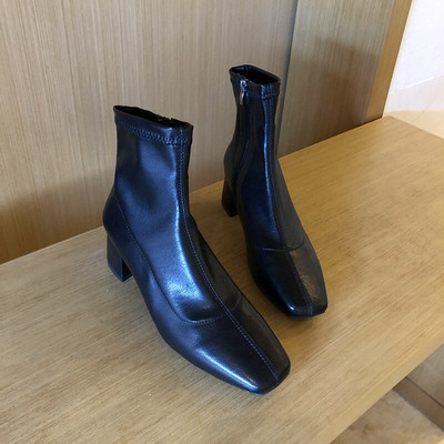 Jesen Zima Ženske čizme s patentnim zatvaračem s četvrtastim prstima Elastične antilop ženske kratke čizme Pamučne gležnjače Ženske Botas Mujer 2020 Novo izdanje